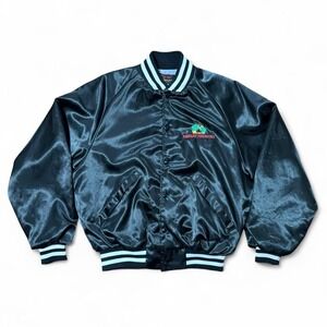 Vintage 80s Black Nylon Varsity Hawaiian Touchdown Embroidered Button Up Jacket